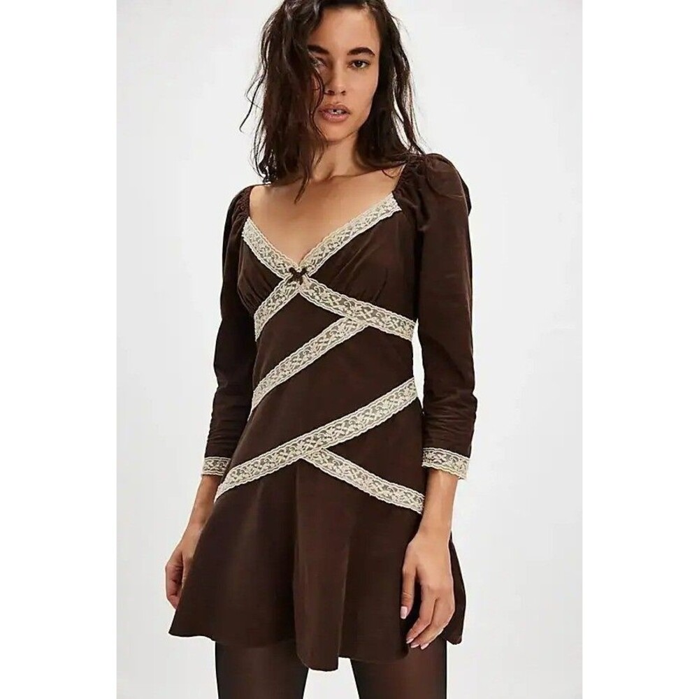 Free People Tennley Corduroy Mini Dress Contrast Lace Brown Long Sleeve M 285883